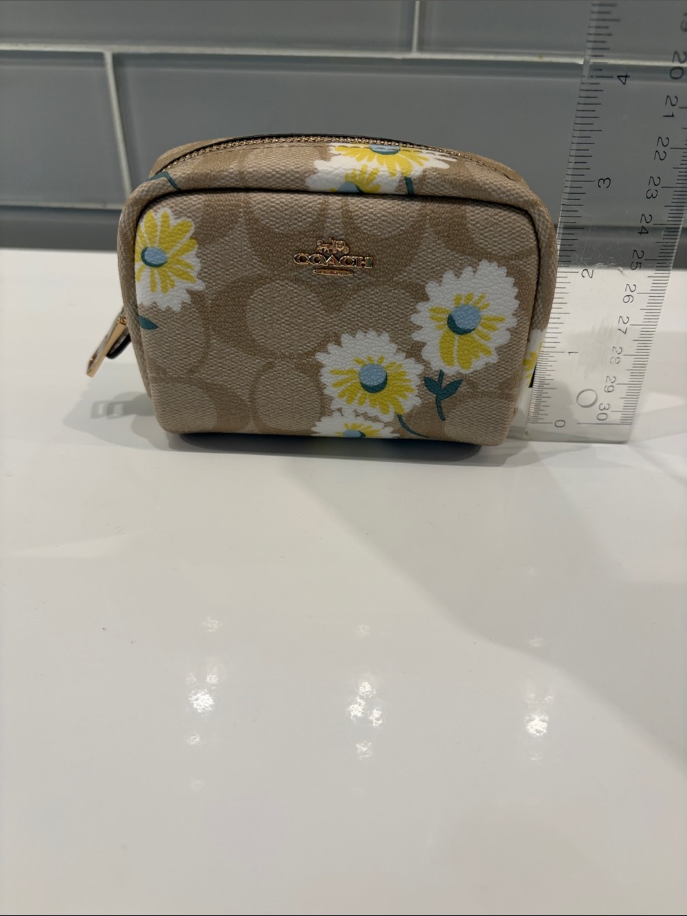 Coach Beige Floral Signature Cosmetic Pouch with Yellow Accents - Picture 6 of 8